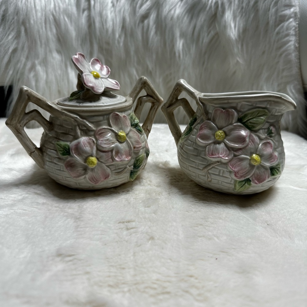 Vintage Fitz and Floyd Pink Dogwood Basket Weave Cream and Sugar 1990 Signed